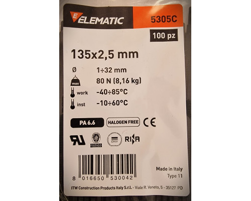 Хомут-стяжка пластиковый черный 135 х 2,5 мм d=25 ELEMATIC, 5305/CE, ELEMATIC