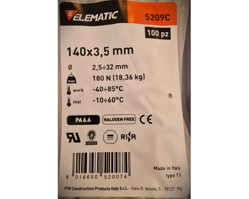 Хомут-стяжка пластиковый белый 140 х 3,5 мм d=30 ELEMATIC, 5209/CE, ELEMATIC