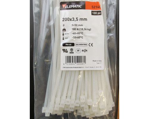 Хомут-стяжка пластиковый белый 178 х 4,8 мм d=40 ELEMATIC, 5213/CE, ELEMATIC