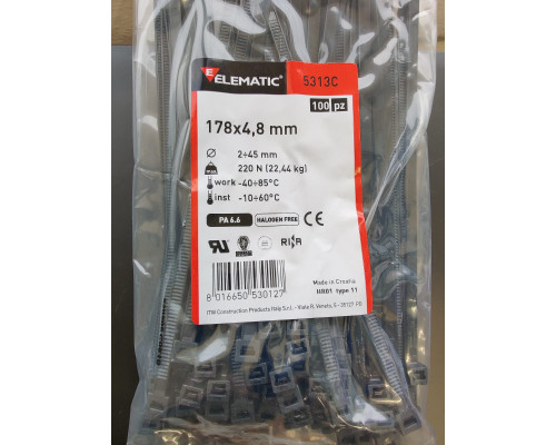 Хомут-стяжка пластиковый черный 178 х 4,8 мм d=40 ELEMATIC, 5313/CE, ELEMATIC