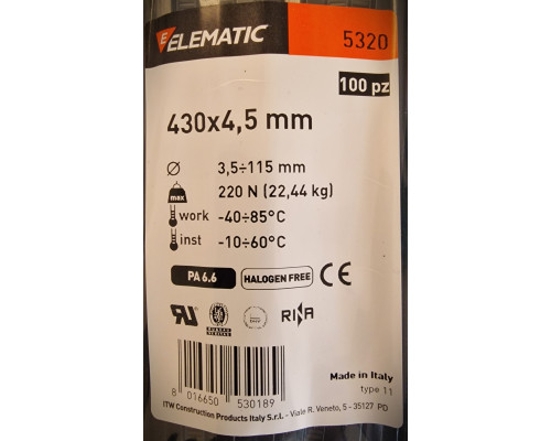 Хомут-стяжка пластиковый черный 430 х 4,5 мм d=120 ELEMATIC, 5320E, ELEMATIC